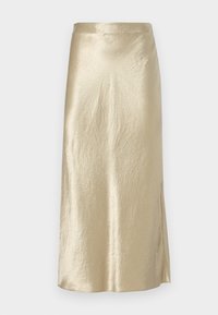 Gonna midi oro metallica con una texture liscia, caratterizzata da una fessura laterale e un design a vestibilità dritta.