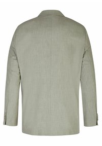 Lichtgrijze blazer met een gestructureerd ontwerp, notch-revers, enkele split en lange mouwen met knoopmanchetten. Textielafwerking met textuur.