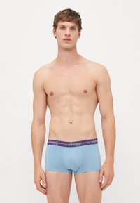 Junger Mann mit kurz geschnittenem braunem Haar, der hellblaue Boxershorts mit einem lila Bund trägt, mit dem Markennamen "sloggi", vor einem schlichten weißen Hintergrund.