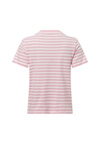 Gestreiftes T-Shirt mit kurzen Ärmeln, das abwechselnd pinke und weiße Streifen aufweist, aus weichem Baumwollstoff, klassisches Rundhals-Design.