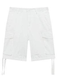 Pantaloni cargo bianchi realizzati in tessuto, con due tasche laterali, orli con cordoncino e chiusura con bottone. Texture liscia con un design casual.