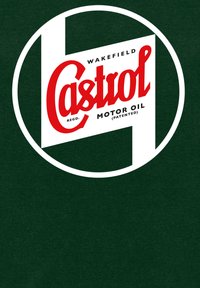 Castrol-Logo in Rot und Weiß auf grünem Hintergrund. Enthält ein kreisförmiges Design mit dem Text "Wakefield", "MOTORÖL" und "PATENTIERT."
