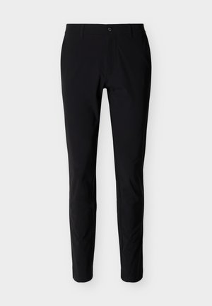 Črne slim-fit hlače za obleko z gumbom in zankami za pas, položene na ravno površino na belem ozadju.