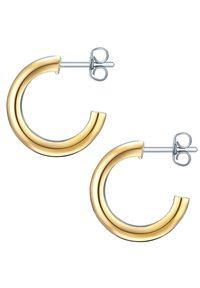 Gold and silver hoop earrings with a dual-tone design, featuring a smooth, rounded shape and a secure post closure.