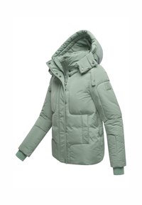 Padded jacket in light green, featuring a hood, high collar, zip front, and snap buttons. Includes two side pockets and ribbed cuffs.