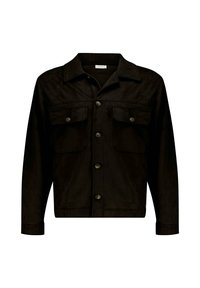 Veste en daim noire avec un devant boutonné, deux poches poitrine et un col. Présente une texture lisse et un design ajusté.