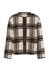 Karierte Jacke aus Fleece in Creme, Braun und Schwarz mit matter Oberfläche. Mit rundem Kragen, vorderen Taschen und schwarzen Knöpfen.