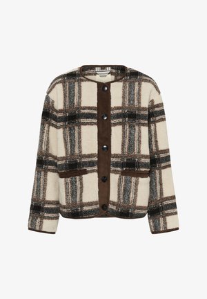 Kreemjas, pruunist ja mustast fliisist ruuduline jakk, matt viimistlusega. Omadused: ümarrand, esimesed taskud ja mustad nupud.