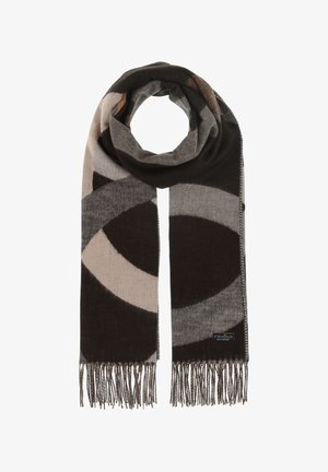 Knit scarf featuring a geometric pattern in dark brown, grey, and beige with fringed ends. Made of soft fabric, it is lightweight yet warm.