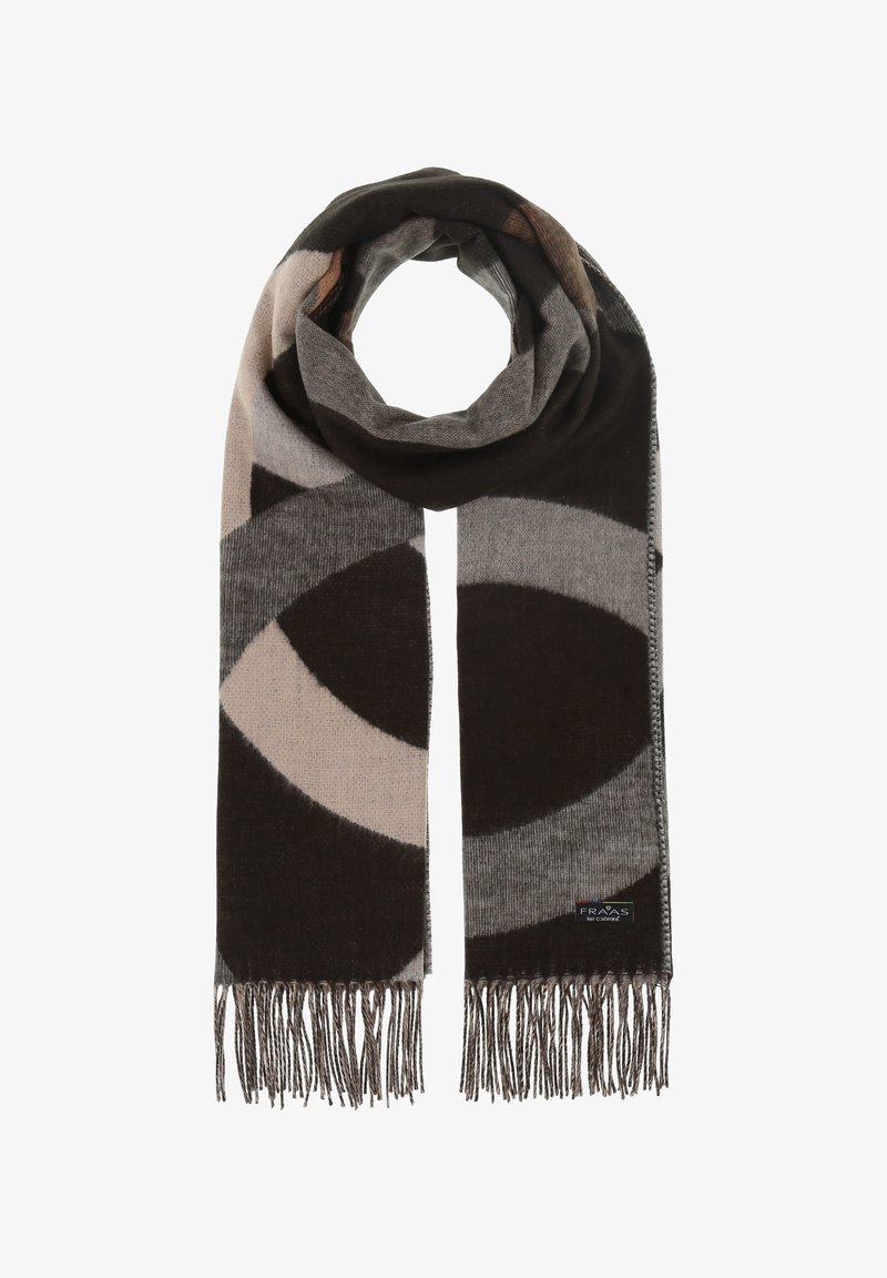 Écharpe en tricot avec un motif géométrique dans des tons de marron foncé, gris et beige, avec des extrémités à franges. Fabriquée en tissu doux, elle est légère mais chaude.