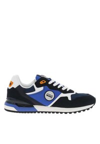 Sneakers in pelle scamosciata blu e navy con dettagli bianchi, logo rotondo e suola in gomma nera. Presentano un colletto imbottito e chiusura con lacci per un sostegno ottimale.