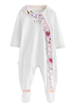 Valge imikute body pika käised, lilleline volangäär, kuldne kiri "BAKER" ning roosa pael käiste ja jalgade juures. Pehme puuvillane materjal.