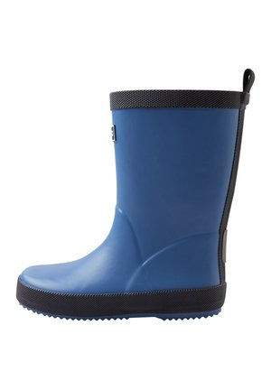 Botas de lluvia de goma azules con una base texturizada negra y un acento de malla negra en la parte superior, con una lengüeta para facilitar su uso.