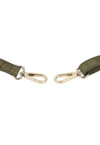 Olive green leather strap with gold metal clips on both ends, featuring a smooth texture and detailed stitching along the length.