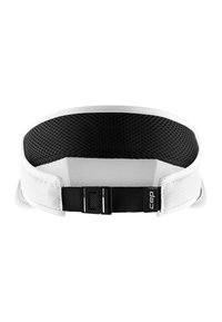 White running belt with a breathable black mesh interior and adjustable black strap. Features logo and buckle for secure fastening.
