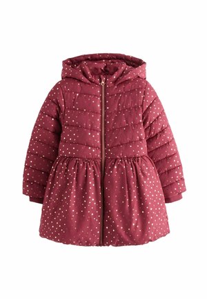 Veste matelassée bordeaux avec une capuche, ornée de motifs étoilés dorés, dotée d'une fermeture éclair à l'avant et d'une taille élastique pour une forme évasée. Tissu doux au toucher.