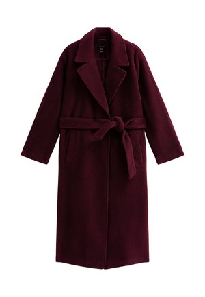 Burgundowa wełniana kurtka z wyłami, długimi rękawami, wiązaniem z przodu i dwiema bocznymi kieszeniami, charakteryzująca się miękką teksturą i luźnym krojem.