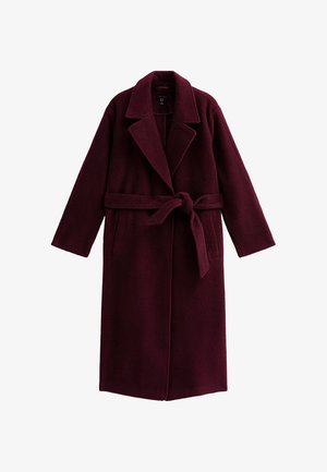 Burgundowa wełniana kurtka z wyłami, długimi rękawami, wiązaniem z przodu i dwiema bocznymi kieszeniami, charakteryzująca się miękką teksturą i luźnym krojem.