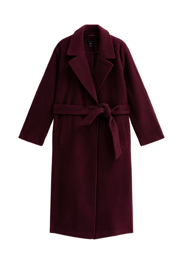 Bordeaux wollen jas met een gelapte kraag, lange mouwen, een strikceintuur aan de voorkant en twee zijzakken, met een zachte textuur en een relaxte silhouet.