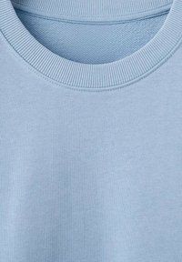 Felpa girocollo azzurro chiaro che mostra un primo piano del collo e della trama del tessuto.
