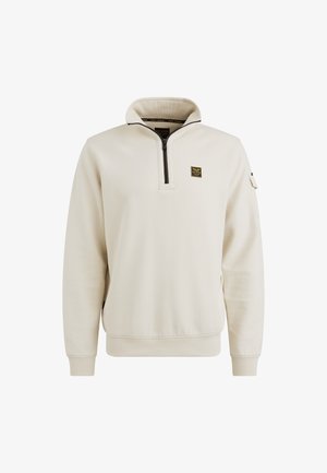 Pull léger beige fabriqué en matériau doux, doté d'un col zippé quart, de poignets côtelés et d'un petit logo sur la poitrine. Design épuré et minimaliste.