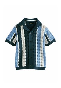 Kurzarm-Strickshirt in Blau-, Dunkelblau- und weißen Schattierungen mit vertikalen gestreiften Häkelmustern und einem Kragen.