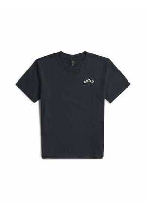 T-shirt noir à manches courtes avec col rond, petit texte blanc "G-STAR" sur la poitrine gauche et étiquette coupe large au bas de l'ourlet.