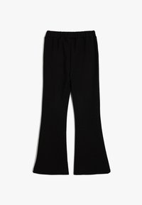 Zwarte flare broek met een elastische tailleband, gemaakt van zachte stof. De pijpen worden wijd vanaf de knie naar beneden, met een schone, gladde textuur.