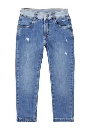 Blaue Jeans aus Denim mit leichter Used-Optik, klassischem Fünf-Taschen-Design, Knopfverschluss und ausgewaschenen Details an Oberschenkeln und Knien.