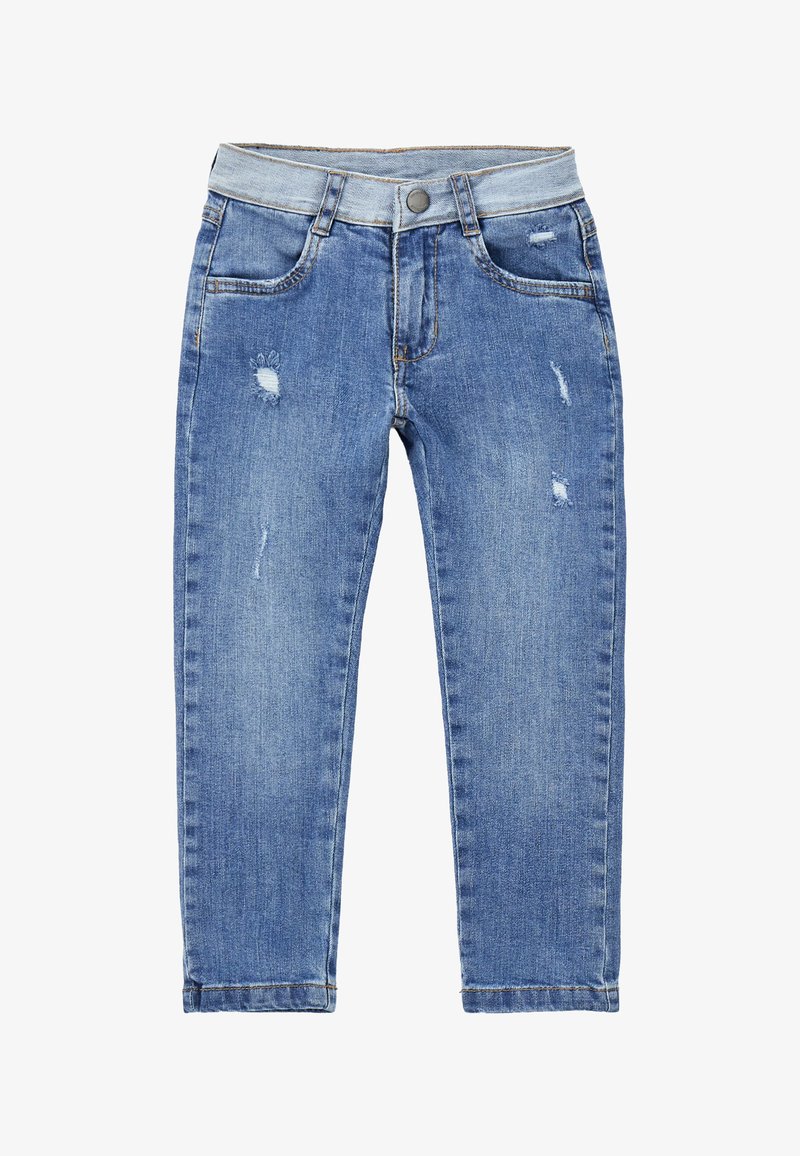 Blaue Jeans aus Denim mit leichter Used-Optik, klassischem Fünf-Taschen-Design, Knopfverschluss und ausgewaschenen Details an Oberschenkeln und Knien.