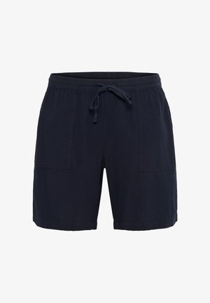 Donkerblauwe casual shorts met elastische tailleband en voorste trekkoord, voorzien van twee grote voorzakken met patchwork.