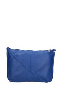 Borsa a tracolla blu in pelle con finitura texturizzata, chiusura con zip e una sottile tracolla regolabile. Forma rettangolare con dettagli di cucitura discreti.