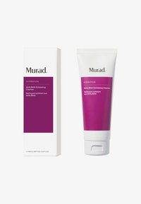 Murad AHA/BHA exfolierande rengöring i en vit tub med en lila etikett. Förpackningen har en liknande design med lila detaljer. 148 ml.