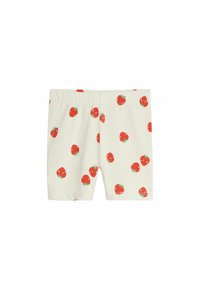 Shorts en coton avec une taille élastique, présentant un fond crème et des motifs dispersés de fraises rouges avec des feuilles vertes.