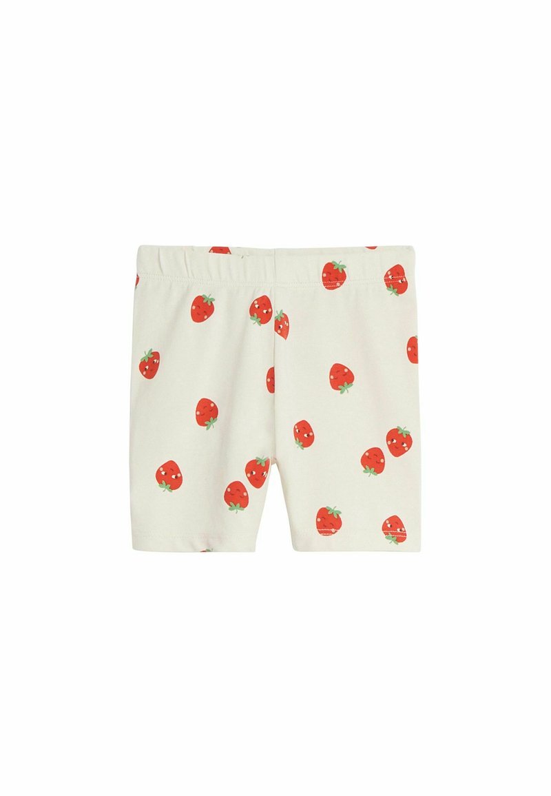 Shorts en coton avec une taille élastique, présentant un fond crème et des motifs dispersés de fraises rouges avec des feuilles vertes.