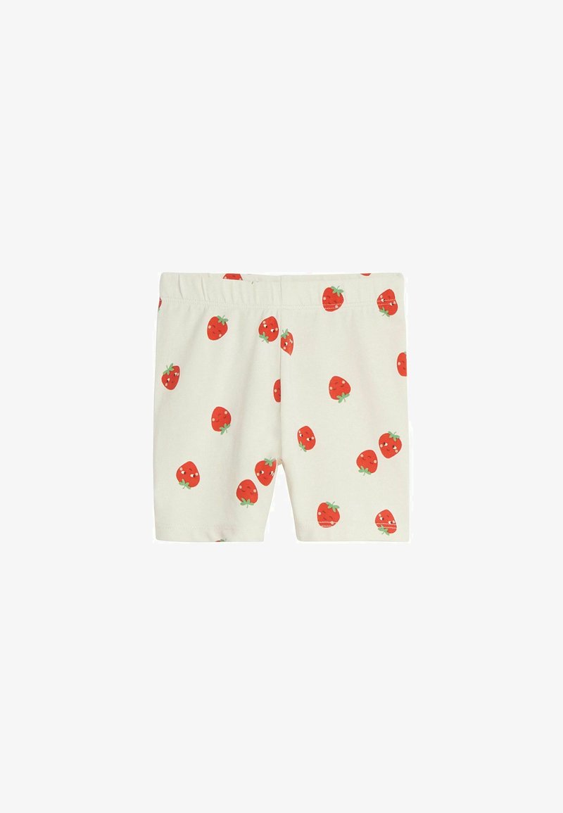 Bomulds shorts med elastisk talje, med en cremefarvet baggrund og spredte røde jordbærprint med grønne blade.