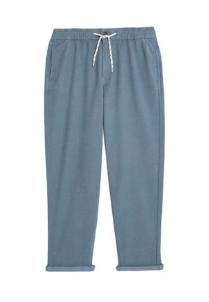 Blå avslappnade byxor med elastisk midja, vit dragband, sidofickor och uppvikta nederkanter, visade mot en vit bakgrund.