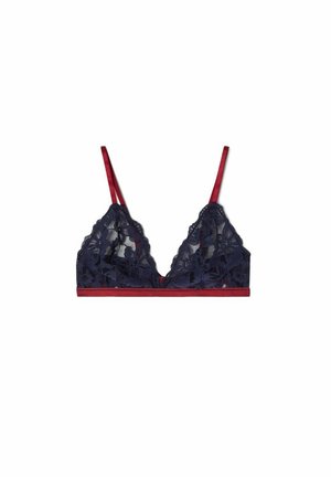 Spitzen-Bralette in dunkelblau mit floralen Mustern. Verfügt über einen roten Satin-Bund und verstellbare Träger. Dreiecksform ohne Bügel.