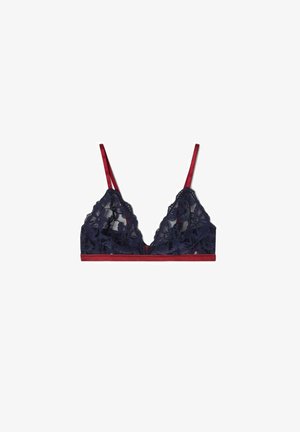 Spitzen-Bralette in dunkelblau mit floralen Mustern. Verfügt über einen roten Satin-Bund und verstellbare Träger. Dreiecksform ohne Bügel.