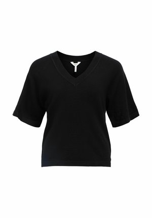 Black short-sleeve V-neck T-shirt made of soft fabric, featuring a relaxed fit and minimal design with no visible patterns or accents.