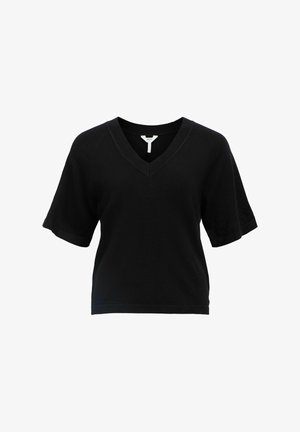 Black short-sleeve V-neck T-shirt made of soft fabric, featuring a relaxed fit and minimal design with no visible patterns or accents.