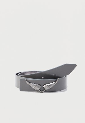 Gray leather belt with a silver winged buckle, featuring a smooth texture and flat design. Buckle has detailed wing accents.