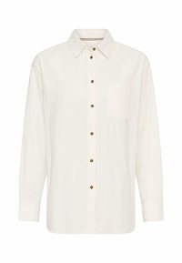 Lichtbeige button-up shirt met lange mouwen, een borstzak, bruine knopen en een geribbelde textuur. Klassiek kraagontwerp.