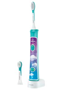 Elektrische Zahnbürste mit einem türkisfarbenen Griff, lila geometrischem Design, Ladebasis und einem kleineren Ersatzbürstenkopf daneben.