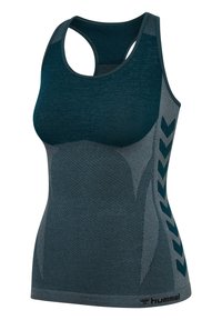 Ærmeløs sports-top i mørk teal og grå med teksturerede mønstre og chevron-striber på siderne, med racerback-design og "hummel" logo.