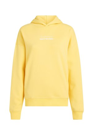 Gul hætte sweatshirt lavet af blødt stof med en afslappet pasform. Har hvid tekst "The Future Surf Society" på brystet.