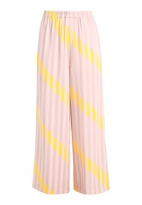 Svetle růžové široké kalhoty s diagonálními žlutými pruhy a vertikálními bledě růžovými pruhy. Vyrobené z měkkého materiálu s elastickým pasem.