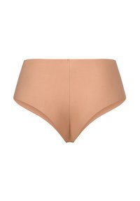 Nude hochgeschnittene Panties aus glattem Material, mit nahtlosem Design, weichen Kanten und minimalen Nähten für maximalen Komfort.