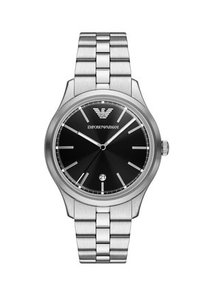 Silver metal wristwatch with black dial, silver hour markers and hands, Emporio Armani logo, and date display at 6 o'clock.