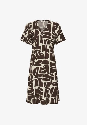 Vestido midi con mangas cortas, escote en V y formas geométricas negras abstractas sobre fondo blanco.